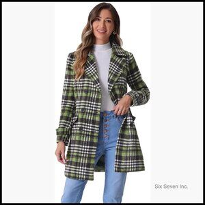 Women's Winter Pea Coat Double Breasted Plaid Notched Lapel